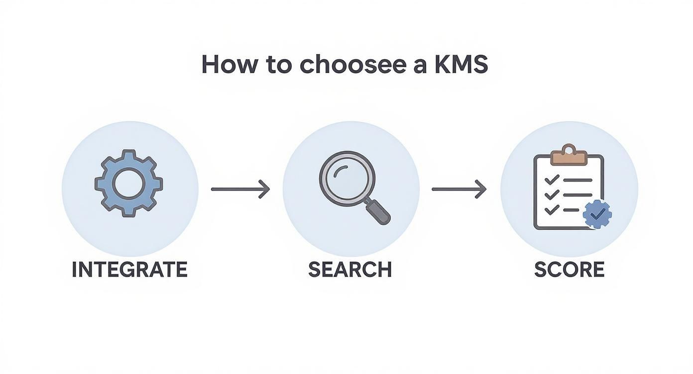 A visual guide illustrating three steps to choose a Knowledge Management System: Integrate, Search, and Score.