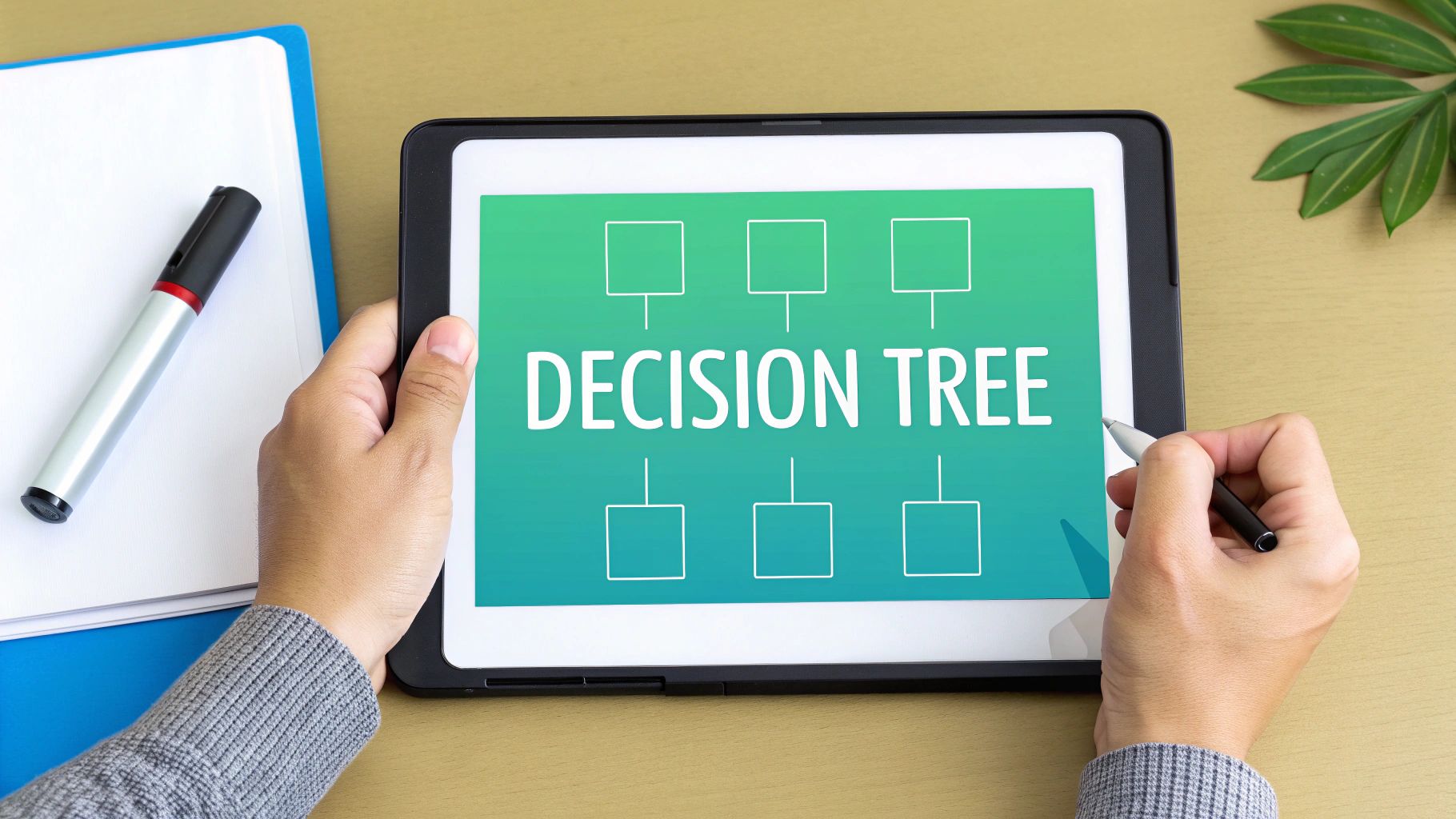 Hands hold a tablet displaying a "DECISION TREE" diagram, next to a notebook and a pen.
