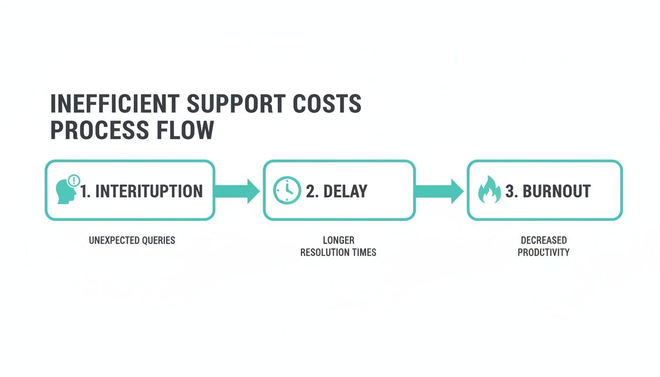 A process flow diagram illustrating how inefficient support costs lead to interruption, delay, and burnout.