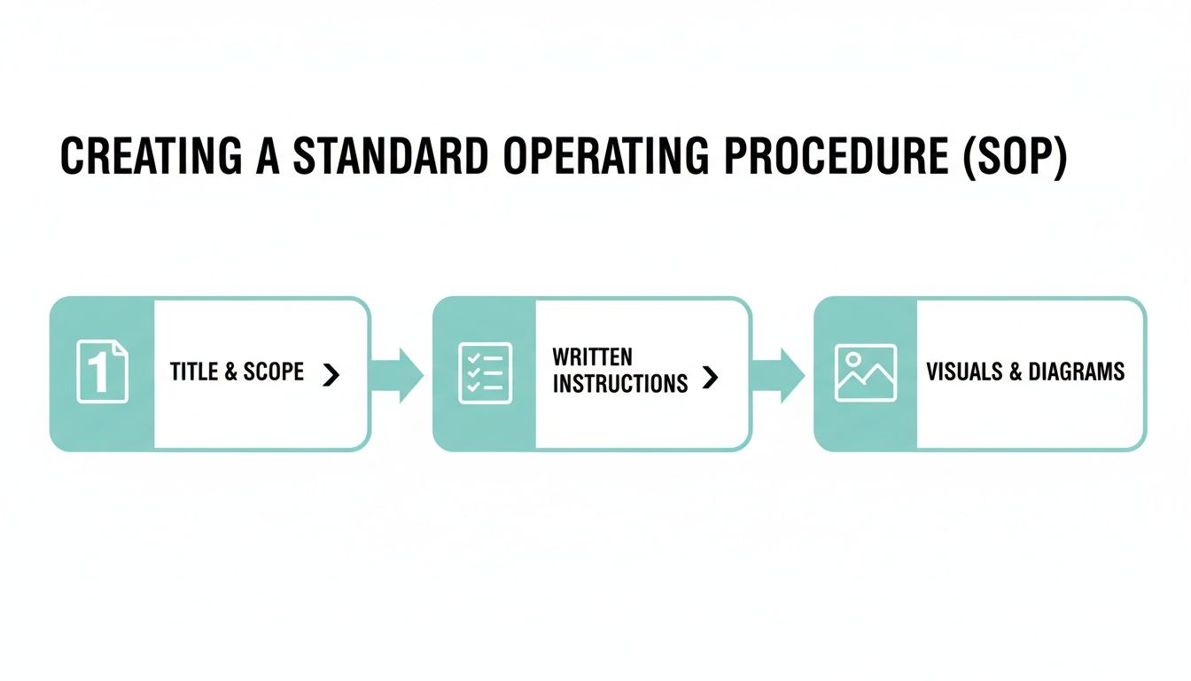 A flowchart outlining the steps to create a Standard Operating Procedure (SOP): Title & Scope, Written Instructions, and Visuals & Diagrams.