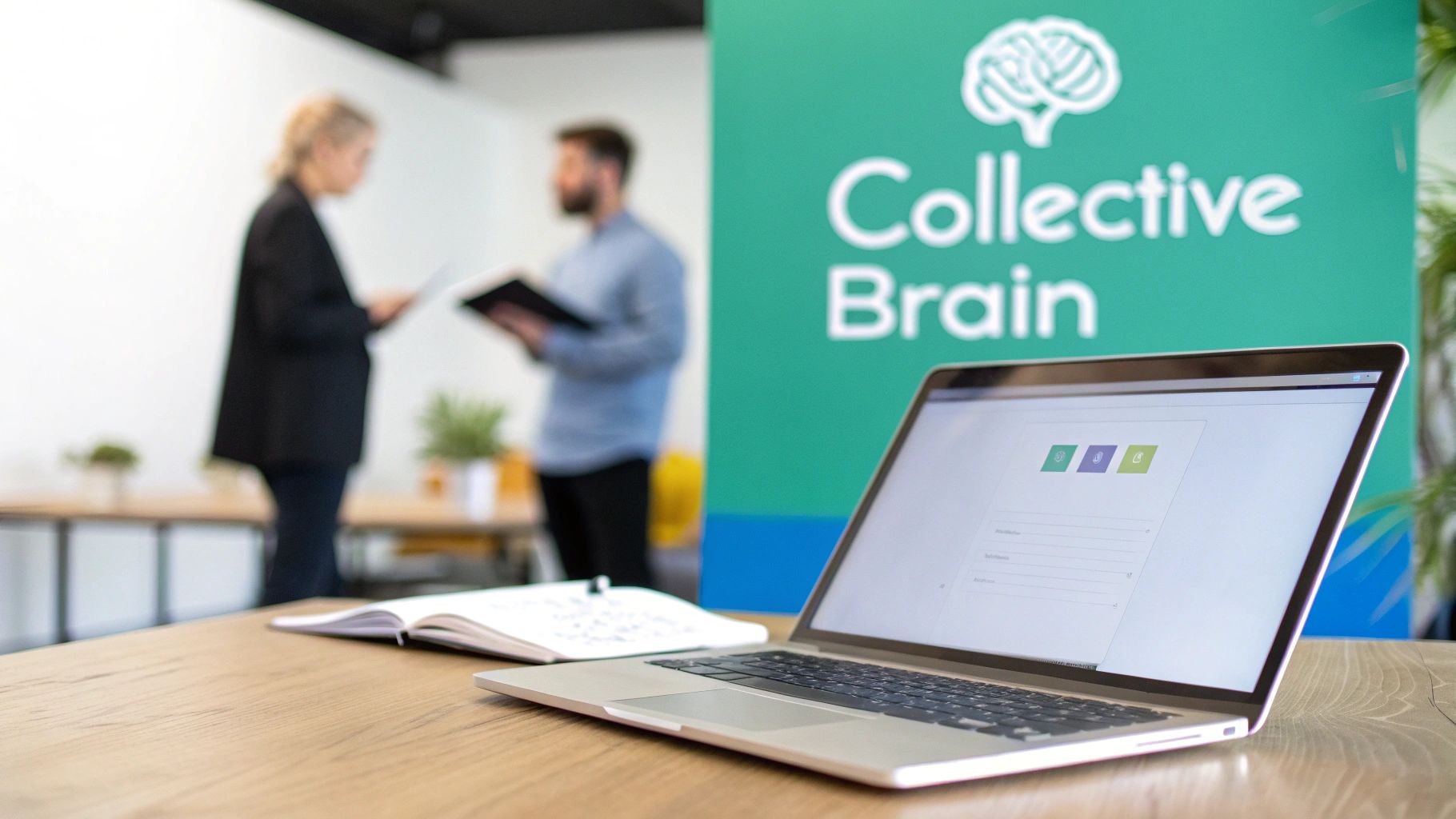 Laptop and notebook on a wooden desk, with a 'Collective Brain' banner and two people conversing.