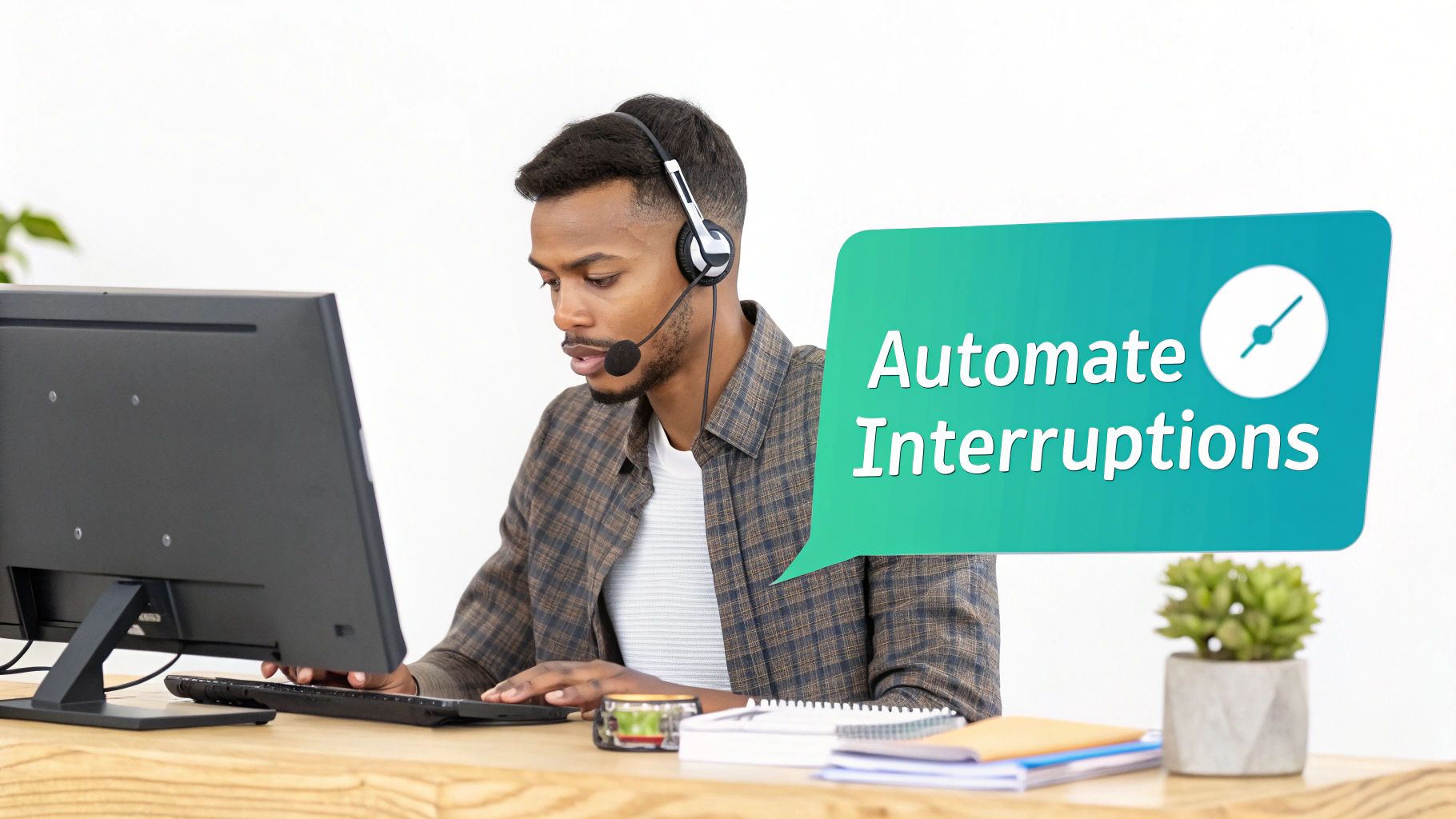 A man in a headset works on a computer with a speech bubble saying 'Automate Interruptions'.