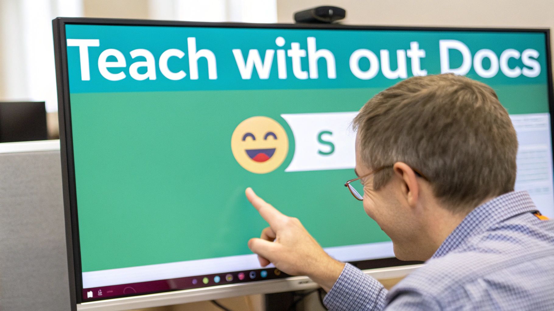 A person in glasses smiles while pointing at a computer screen displaying 'Teach without Docs' and a happy emoji.