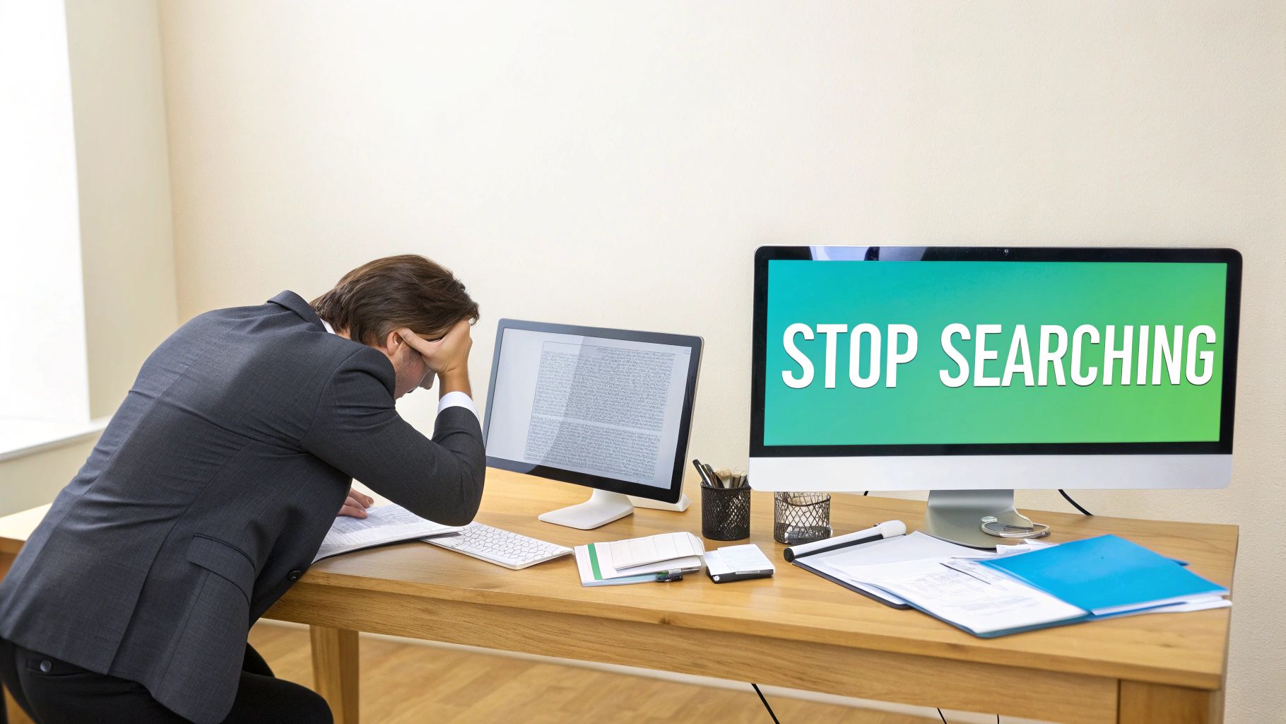 Frustrated businessman at desk with stop searching message displayed on computer monitor