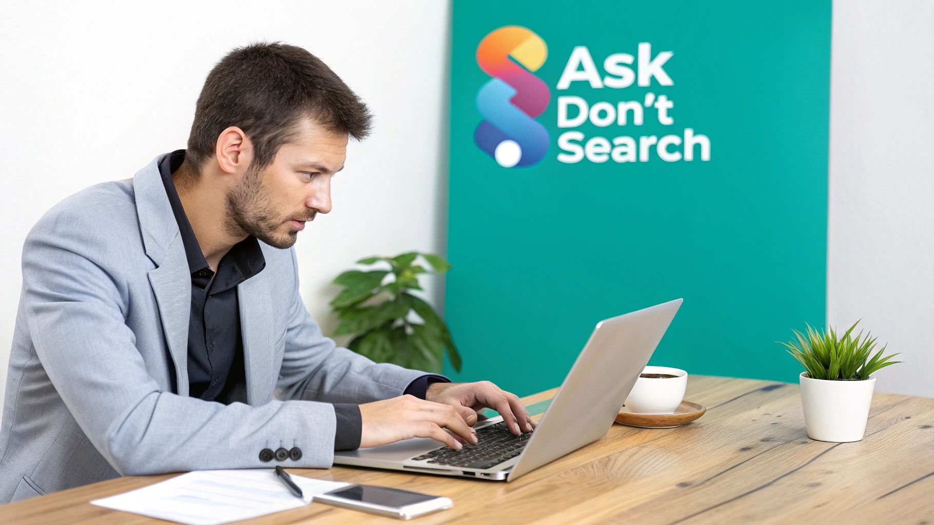 A man in a light jacket typing on a laptop at a desk with an 'Ask Don't Search' sign.
