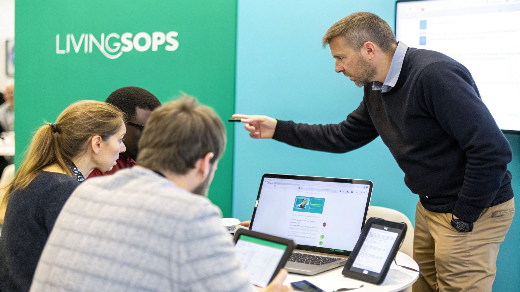 A man guides a team discussion on standard operating procedures using a laptop screen.