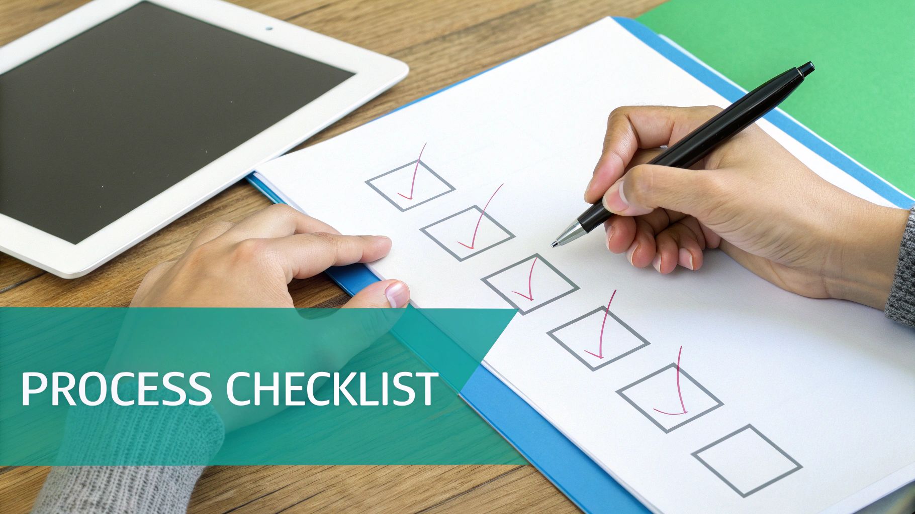 A person's hands checking off items on a process checklist with a pen on a clipboard, next to a tablet.