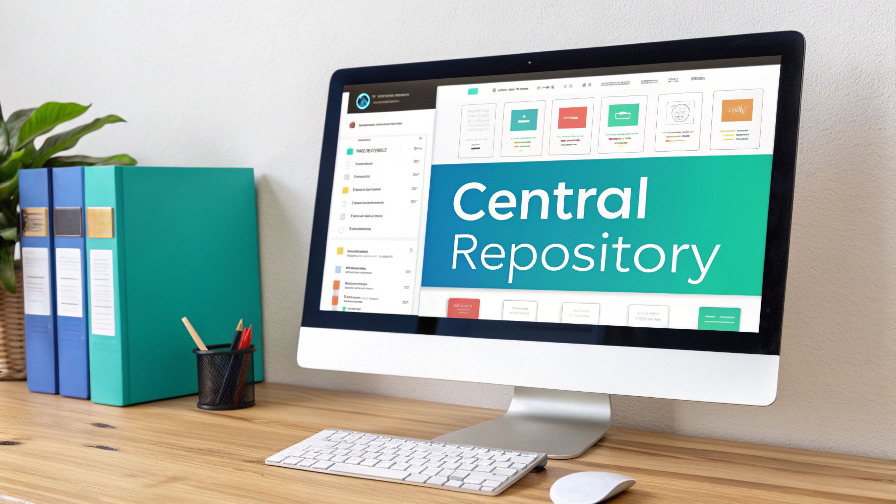 A desktop computer displays a 'Central Repository' interface on a wooden desk with office supplies.