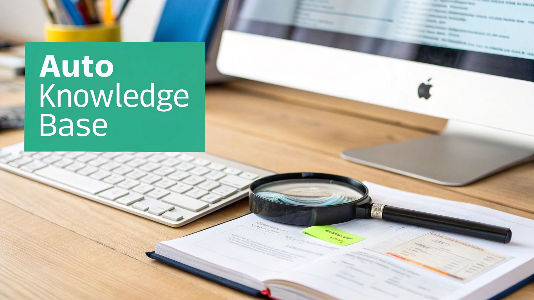 A desk with a computer, keyboard, open book, magnifying glass, and 'Auto Knowledge Base' text.