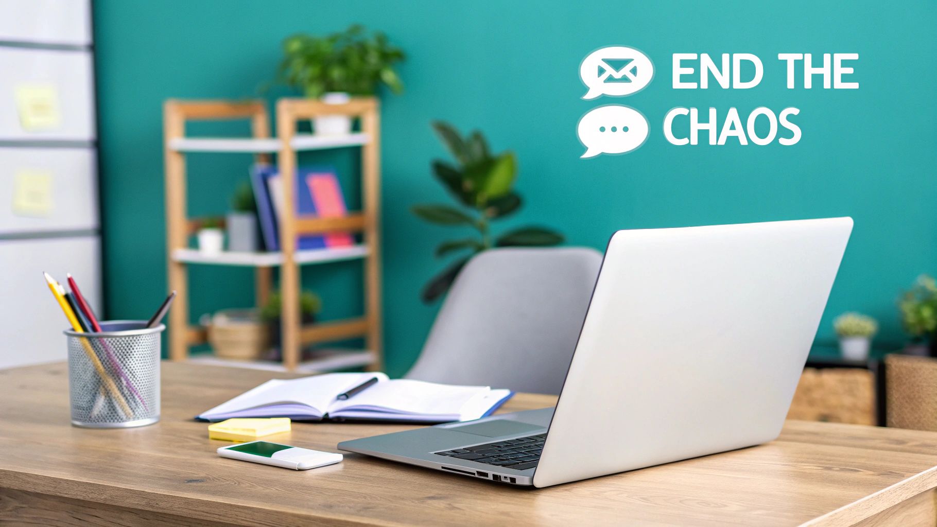 An organized office desk with a laptop, notebook, and phone, with 'END THE CHAOS' text on a teal wall.