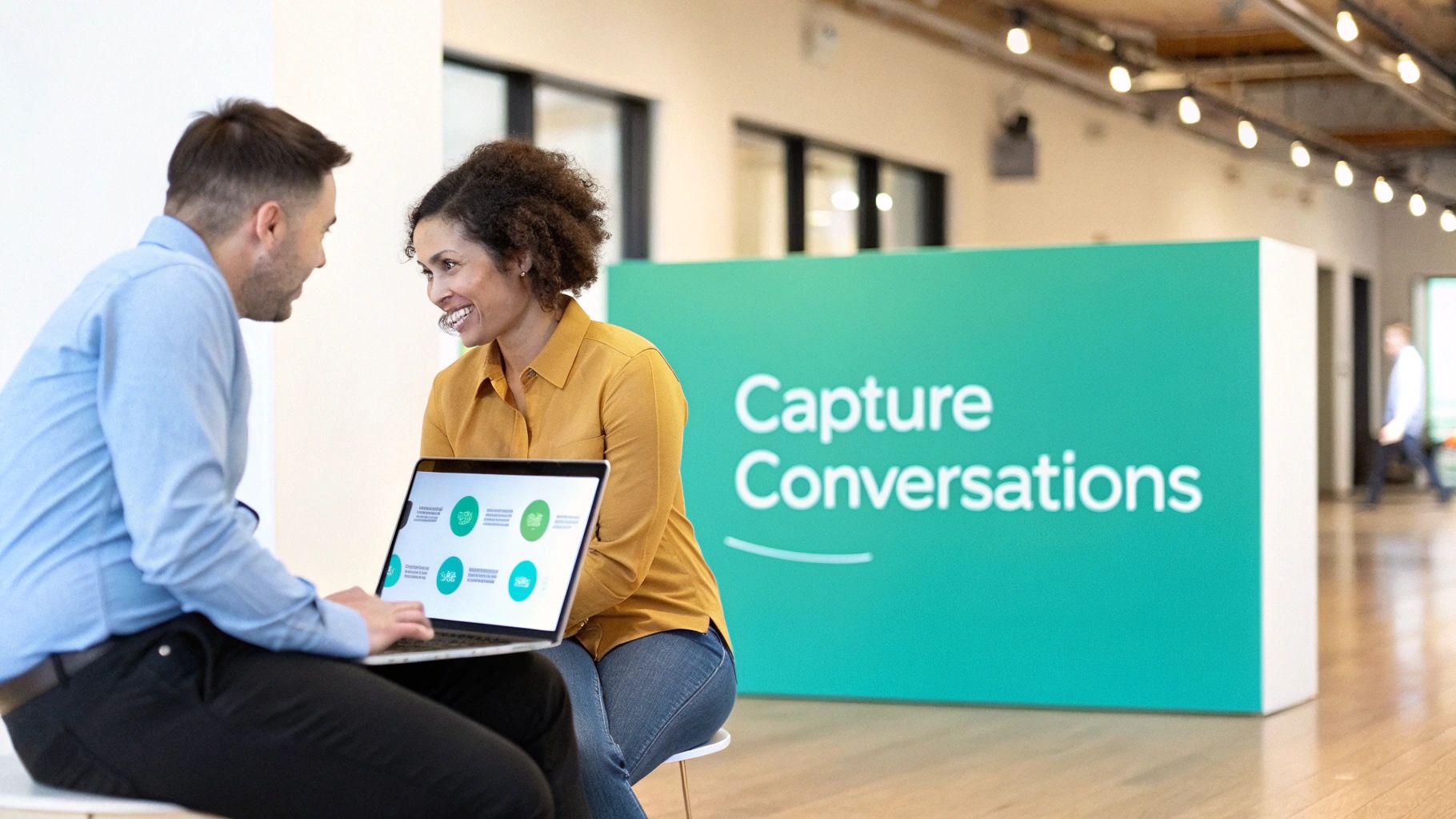 Two smiling colleagues discussing information on a laptop in a modern office with a "Capture Conversations" sign.