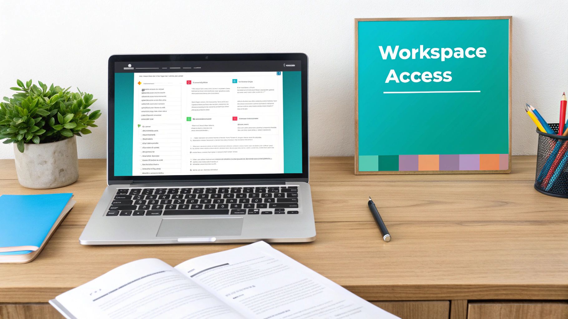 A clean workspace with a laptop showing a checklist, an open book, and a 'Workspace Access' sign.