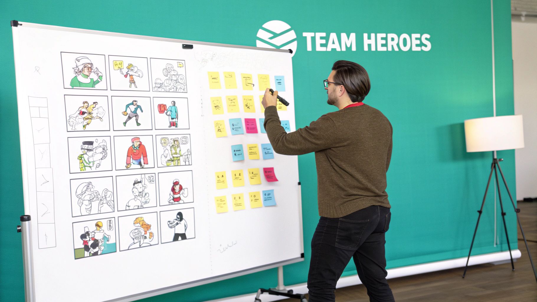 A man writes on a whiteboard covered with colorful sticky notes and storyboard drawings, in front of a 'TEAM HEROES' wall.