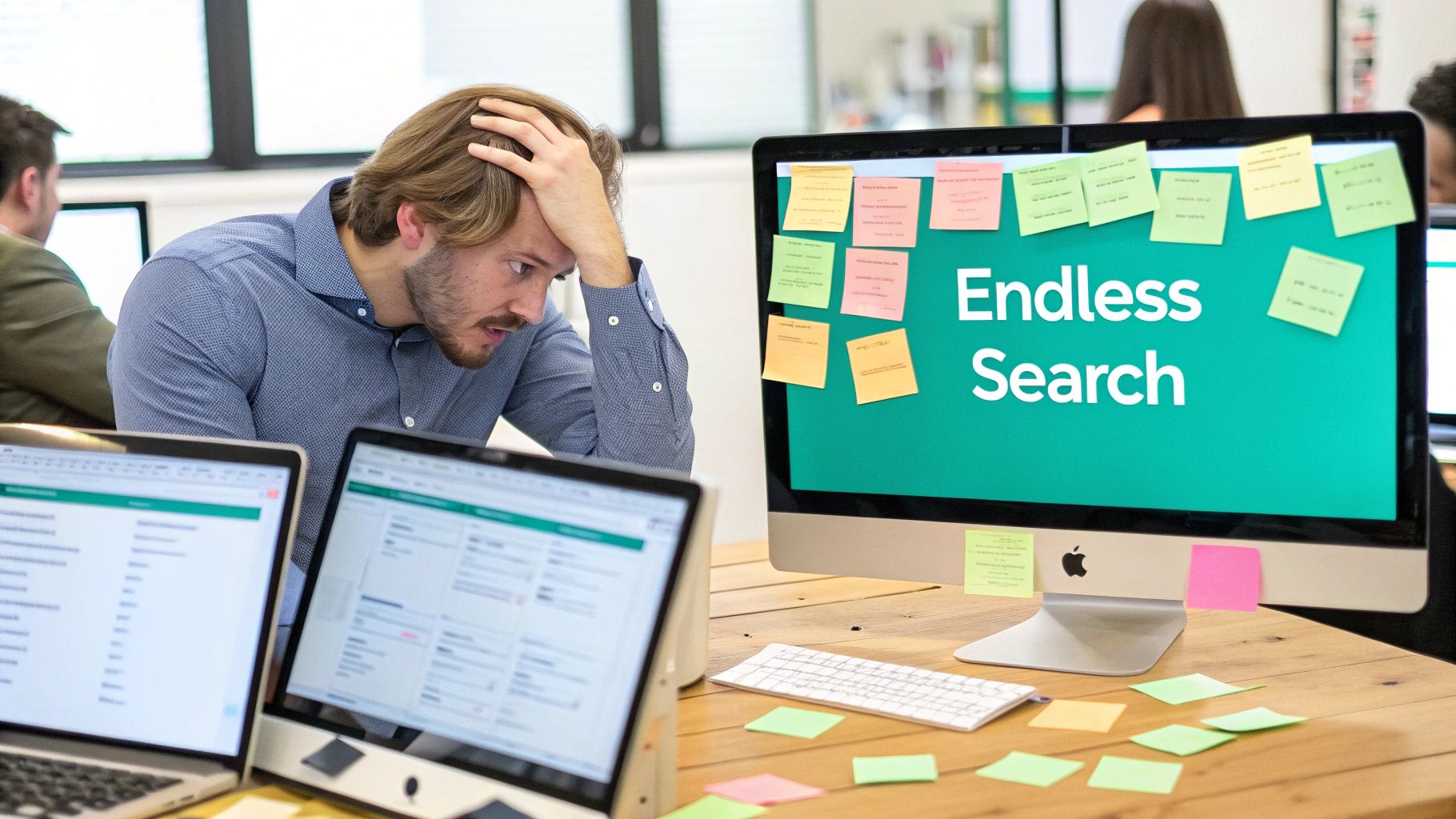 A man looking at a desk with multiple monitors, one displaying 'Endless Search' and covered in sticky notes.