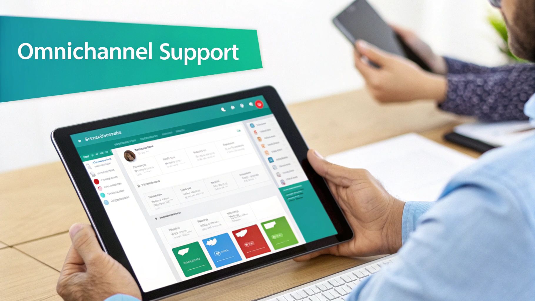 A person uses a tablet displaying an omnichannel support dashboard, showcasing modern customer service.