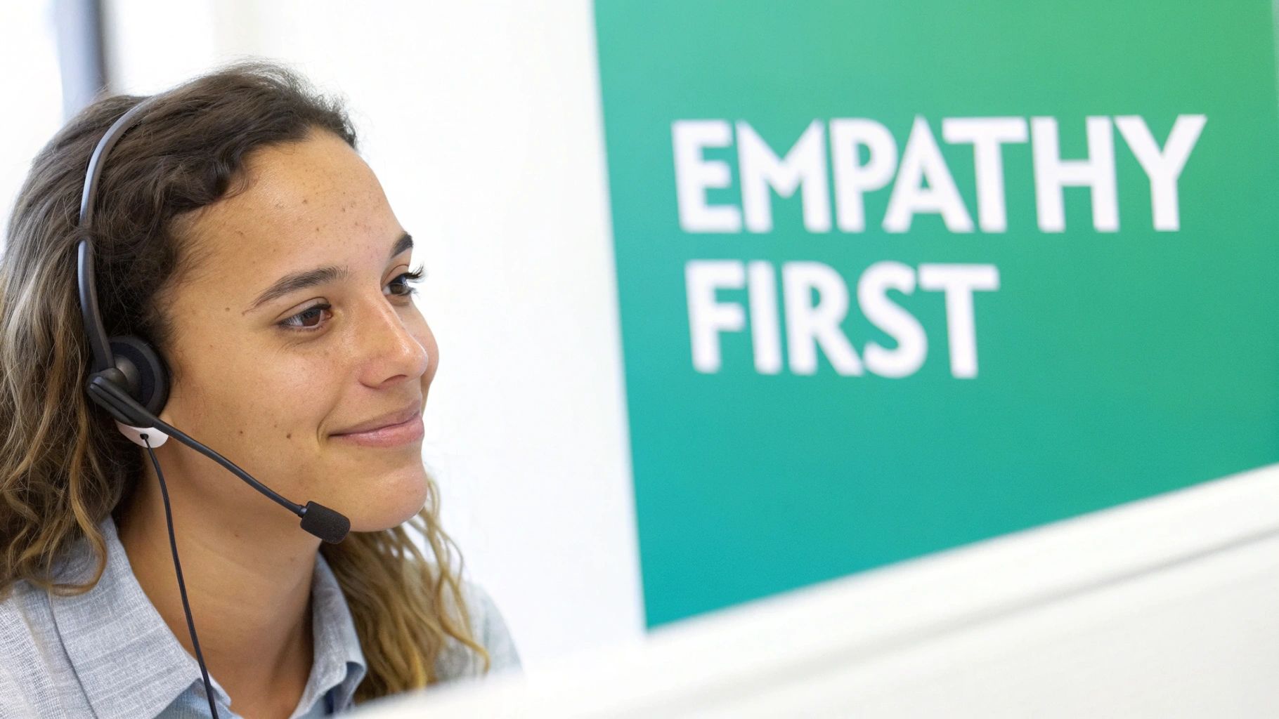 A smiling female customer service representative wearing a headset, with 'EMPATHY FIRST' on a green background.