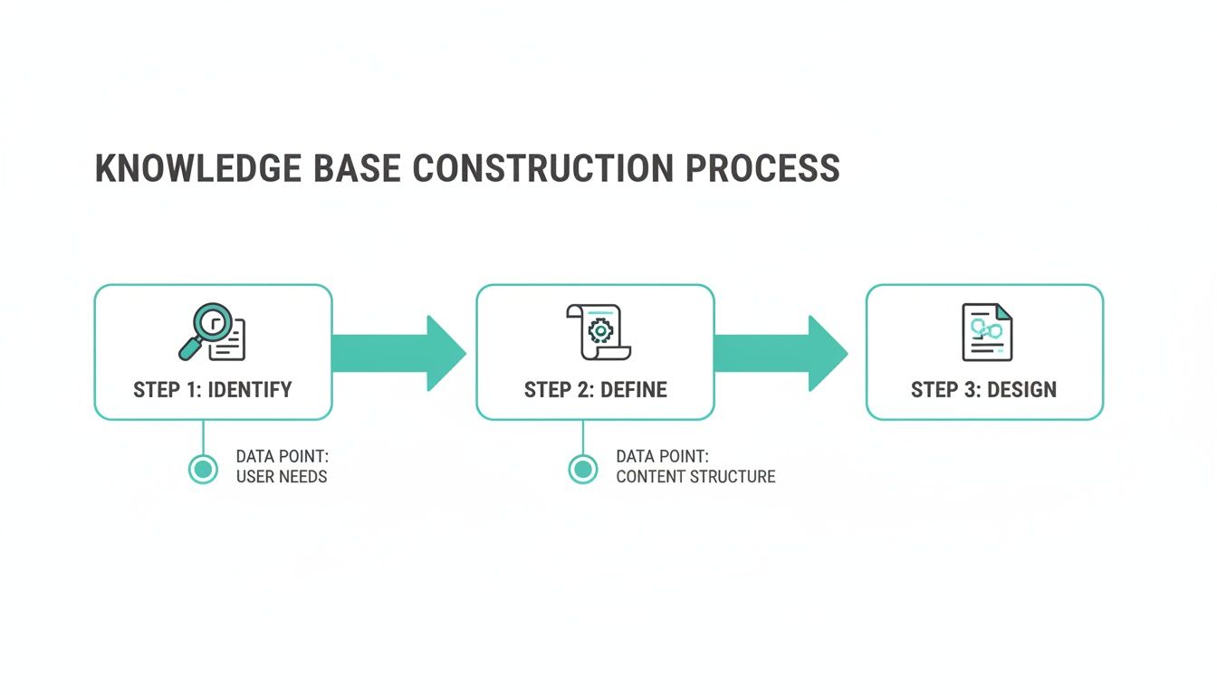 Infographic showing a 3-step knowledge base construction process: identify user needs, define content structure, and design.