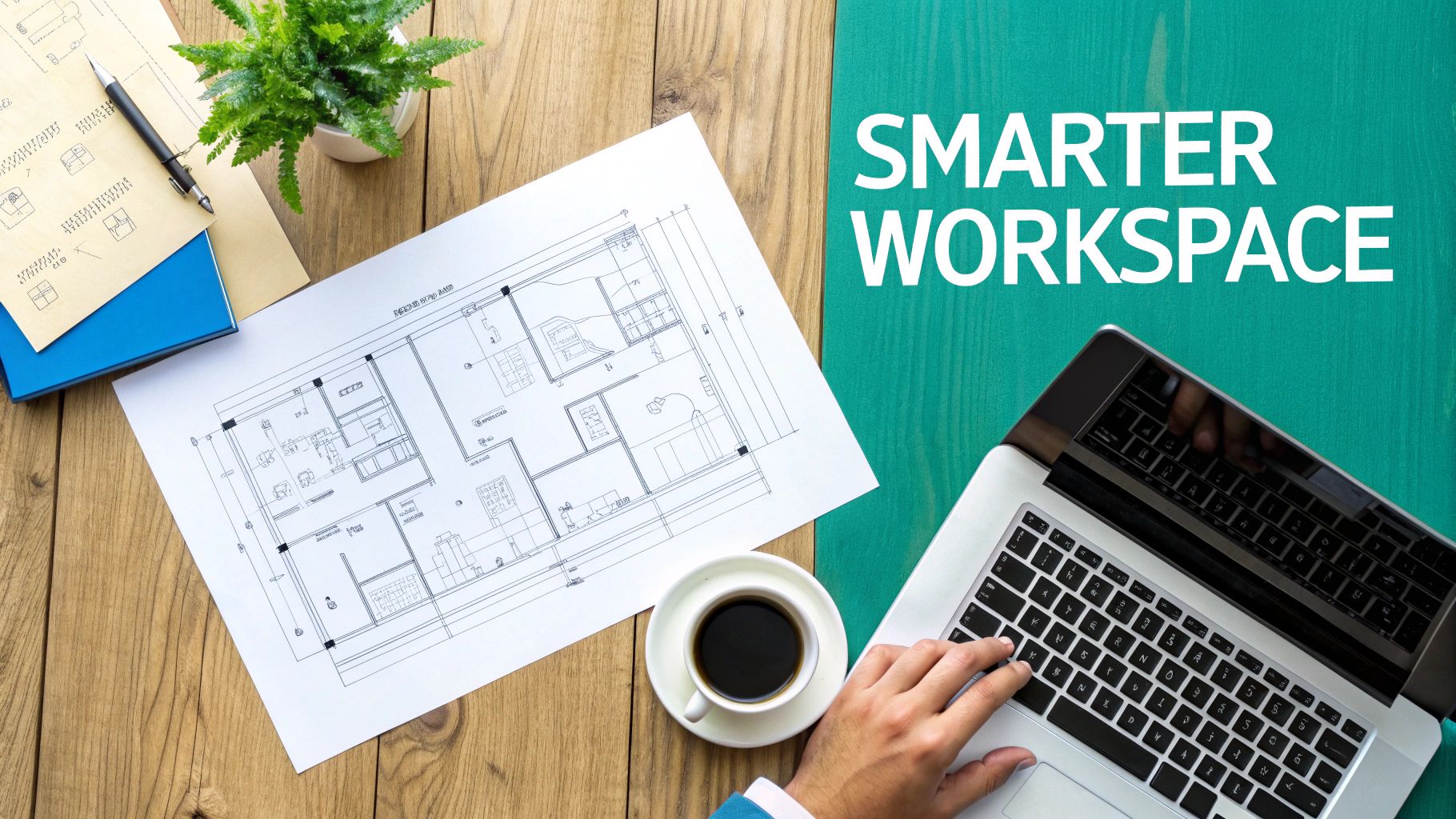 Overhead view of a modern workspace with a laptop, coffee, plant, blueprint, and 'Smarter Workspace' text.