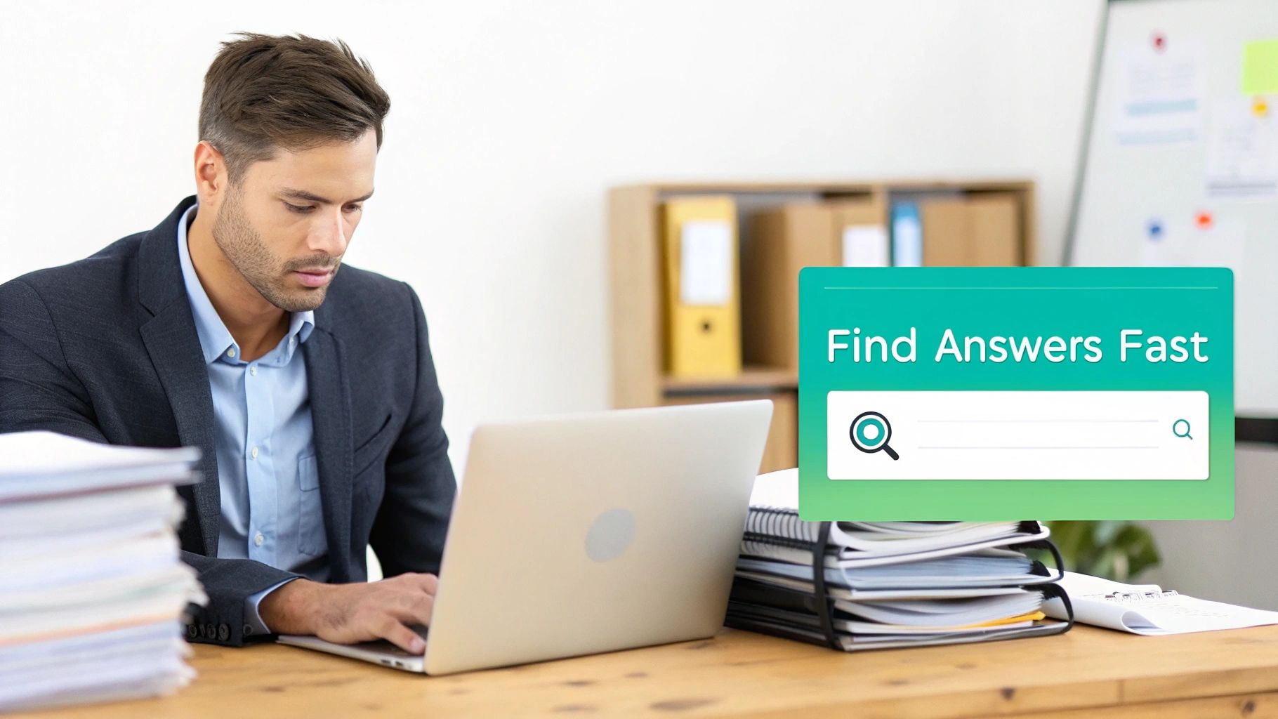 A man works on a laptop at his office desk, with a 'Find Answers Fast' search bar overlay.