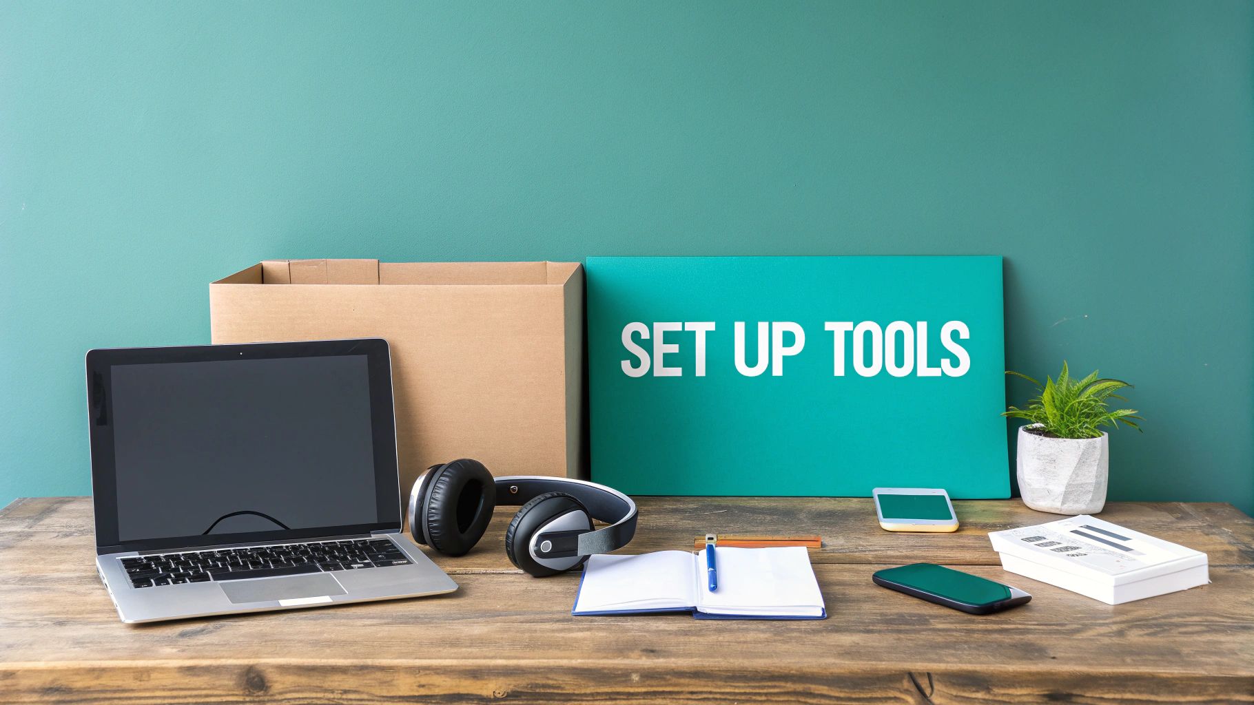 A wooden desk with a laptop, headphones, notebook, phones, and a sign that reads 'SET UP TOOLS'.