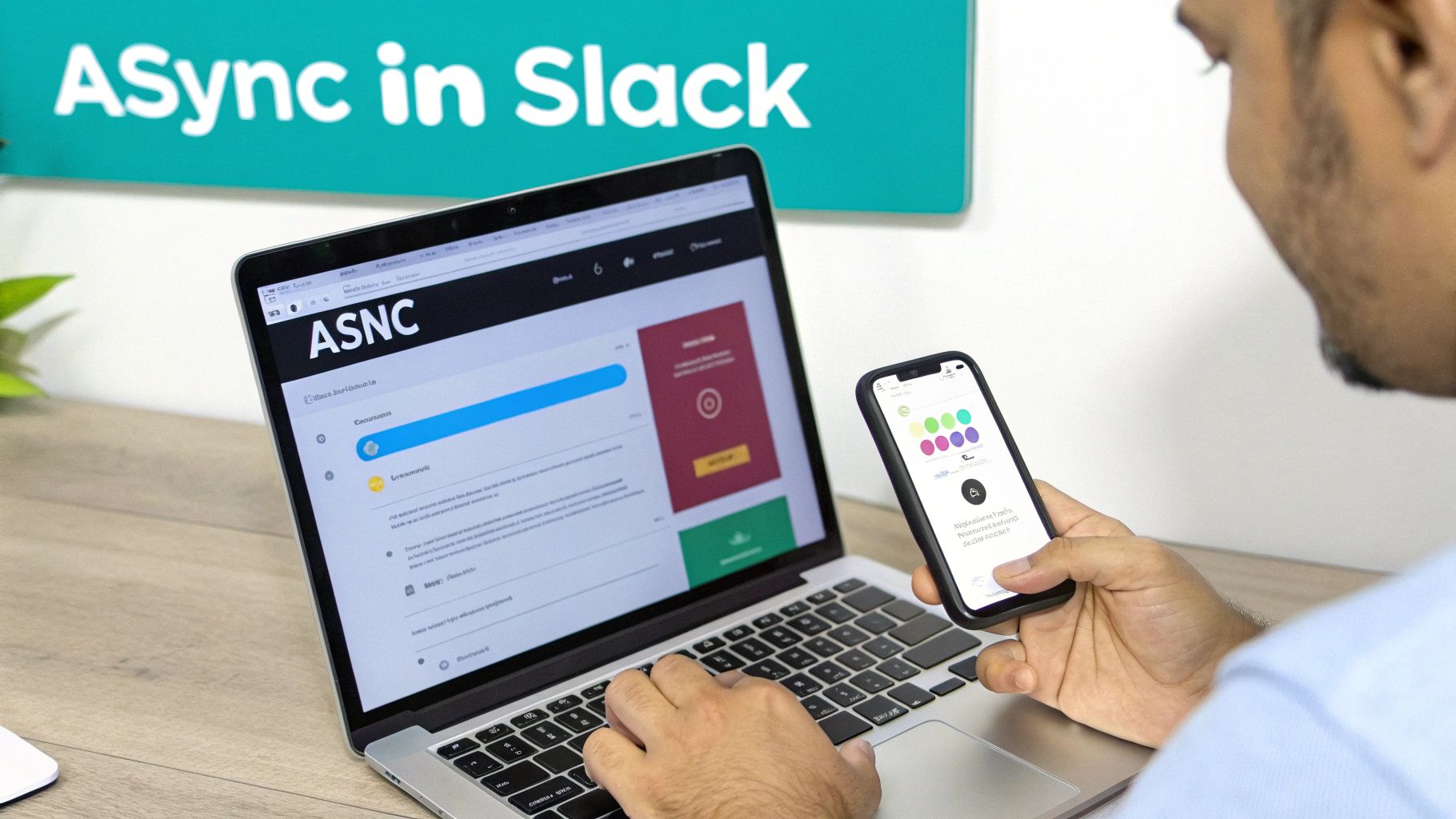Person using a laptop and smartphone to manage tasks with an 'ASync in Slack' sign.