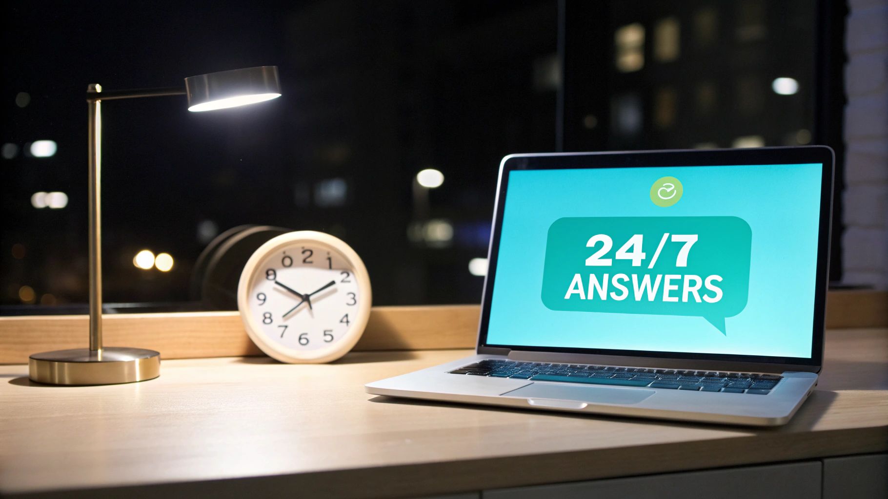 A laptop displaying '24/7 ANSWERS' on screen with a clock and desk lamp on a table at night.