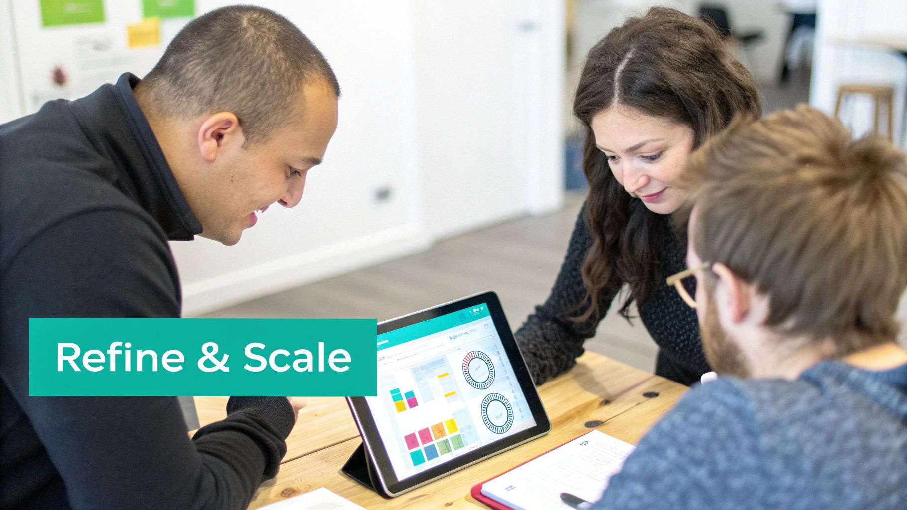 Three colleagues analyzing data visualizations on a tablet, refining strategies in a bright office.