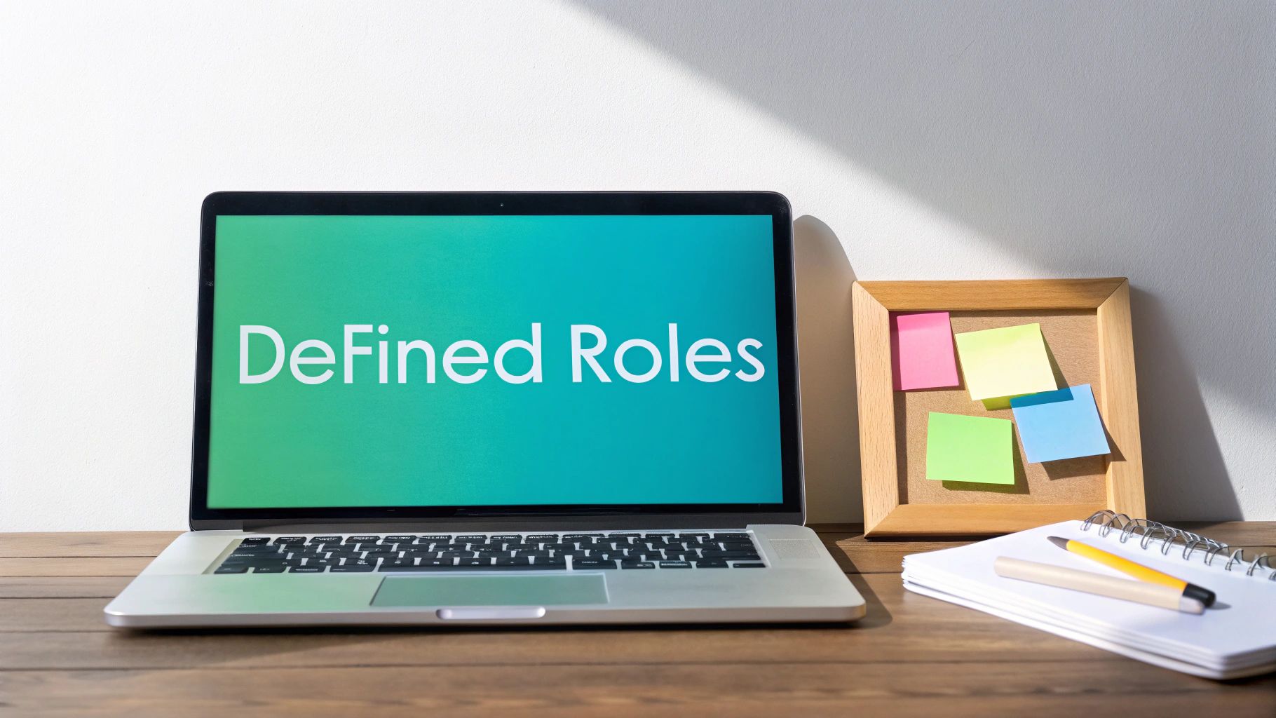 Laptop displaying Defined Roles text on turquoise screen with sticky notes and notebook on desk