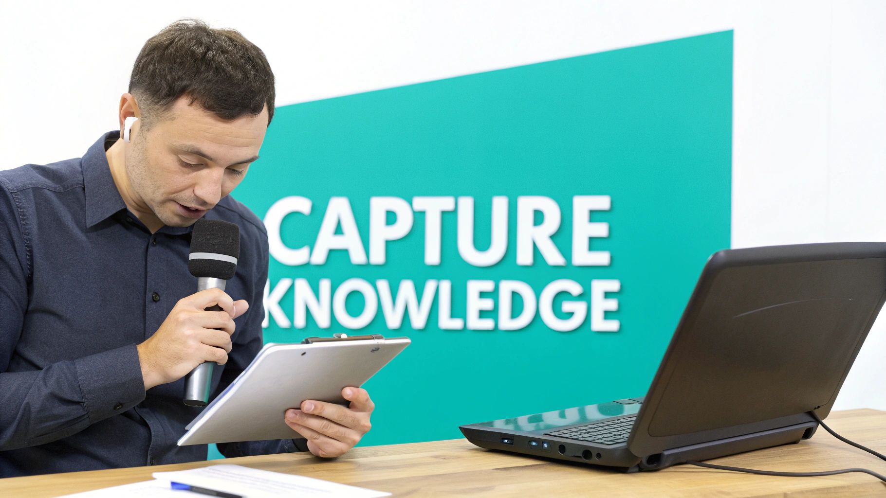 A man speaks into a microphone while looking at a clipboard, with a laptop and 'Capture Knowledge' sign in the background.