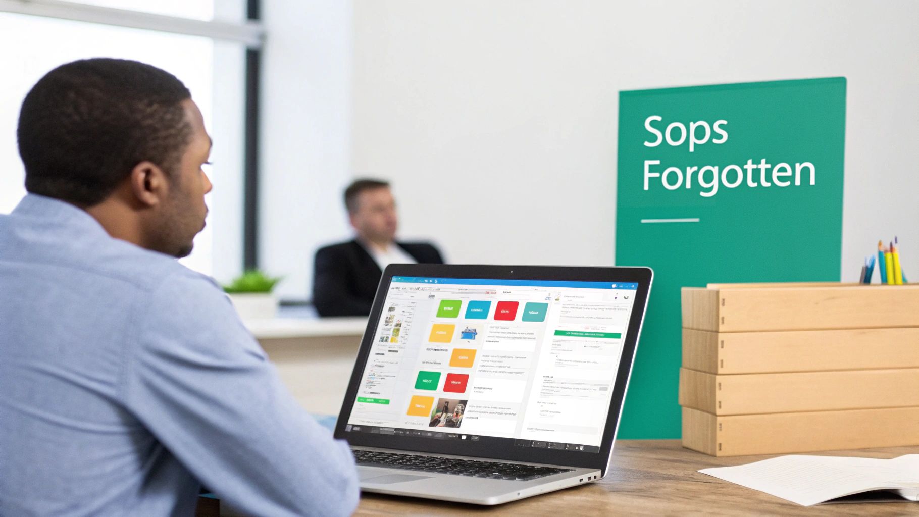 A man in a blue shirt works on a laptop displaying a task management interface, with a 'Sops Forgotten' sign in the background.