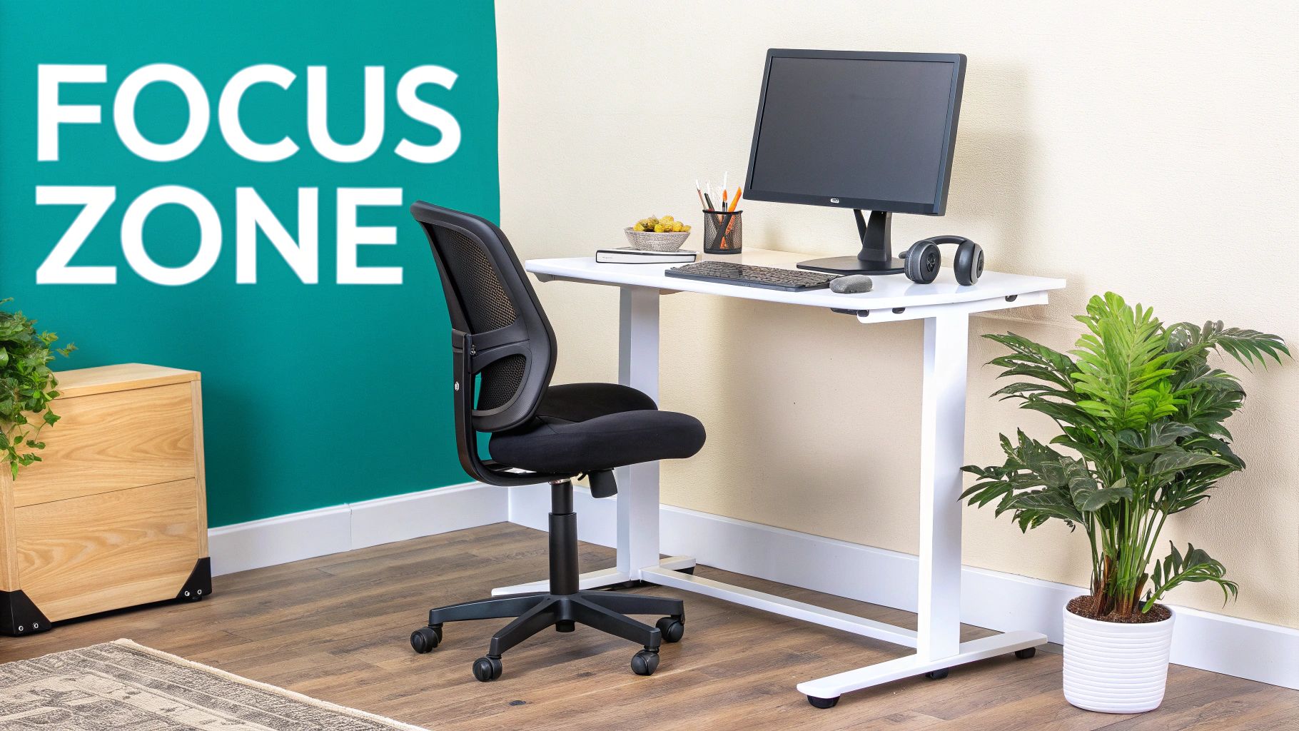 A modern home office setup featuring a white standing desk, ergonomic chair, monitor, and plants, with a 'FOCUS ZONE' wall.