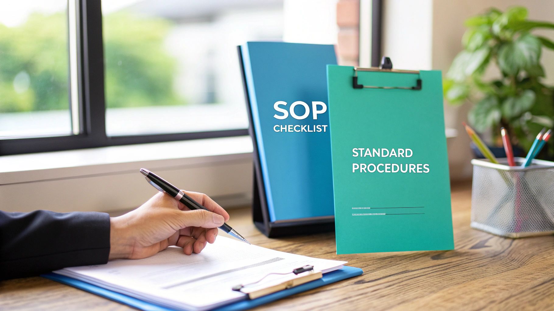 Person writing on a document with SOP Checklist and Standard Procedures files on a desk.