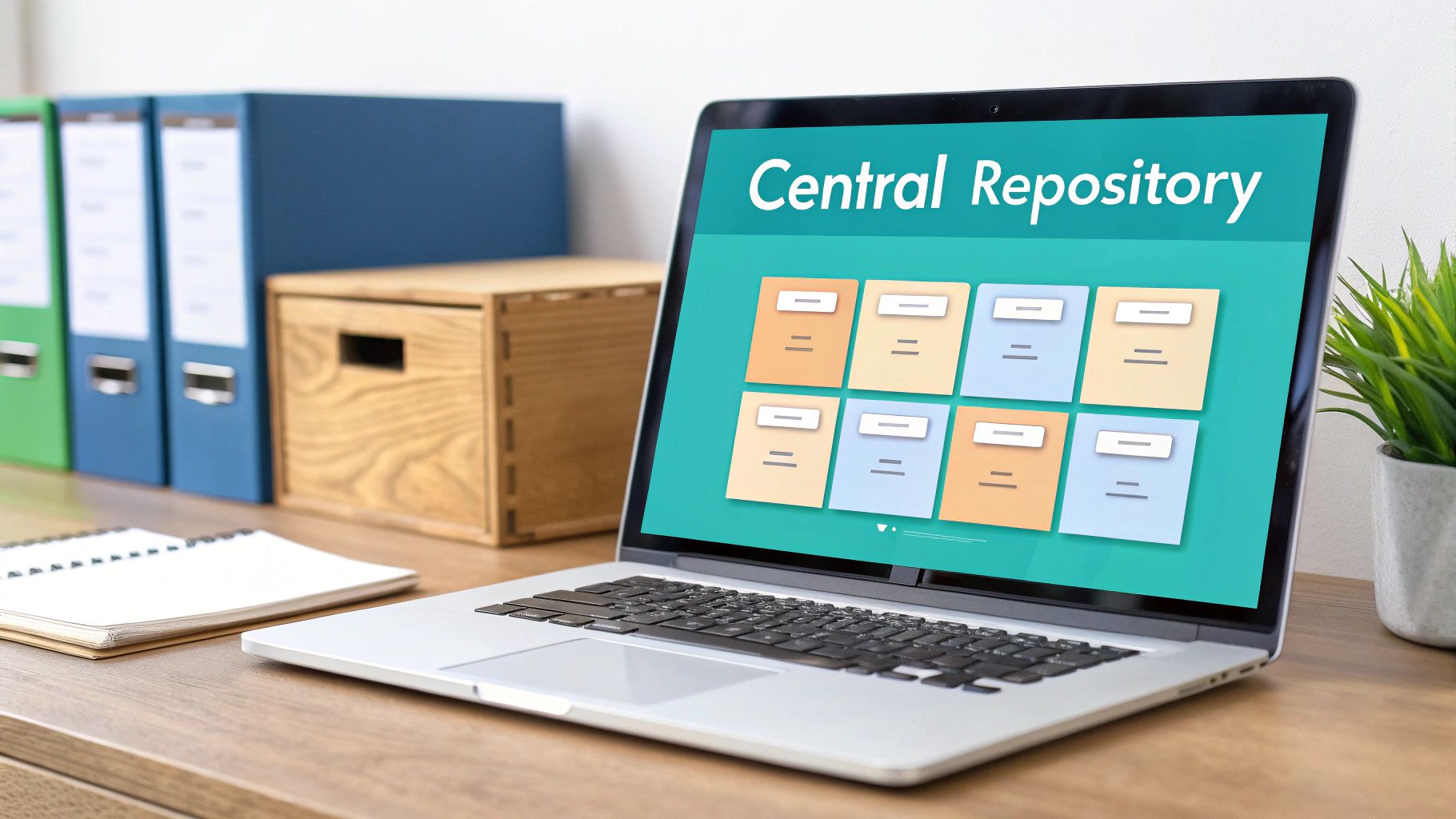A laptop on a wooden desk displaying a screen with 'Central Repository' and organized digital files.