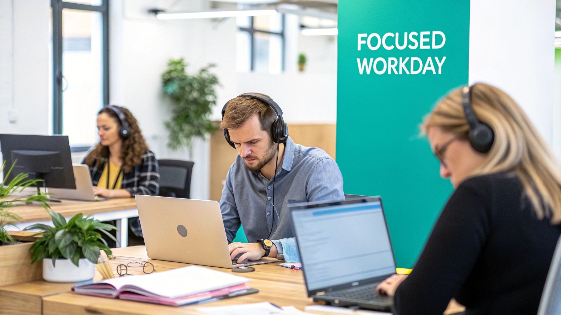 Three focused employees in an open office setting, working on laptops with headphones on.