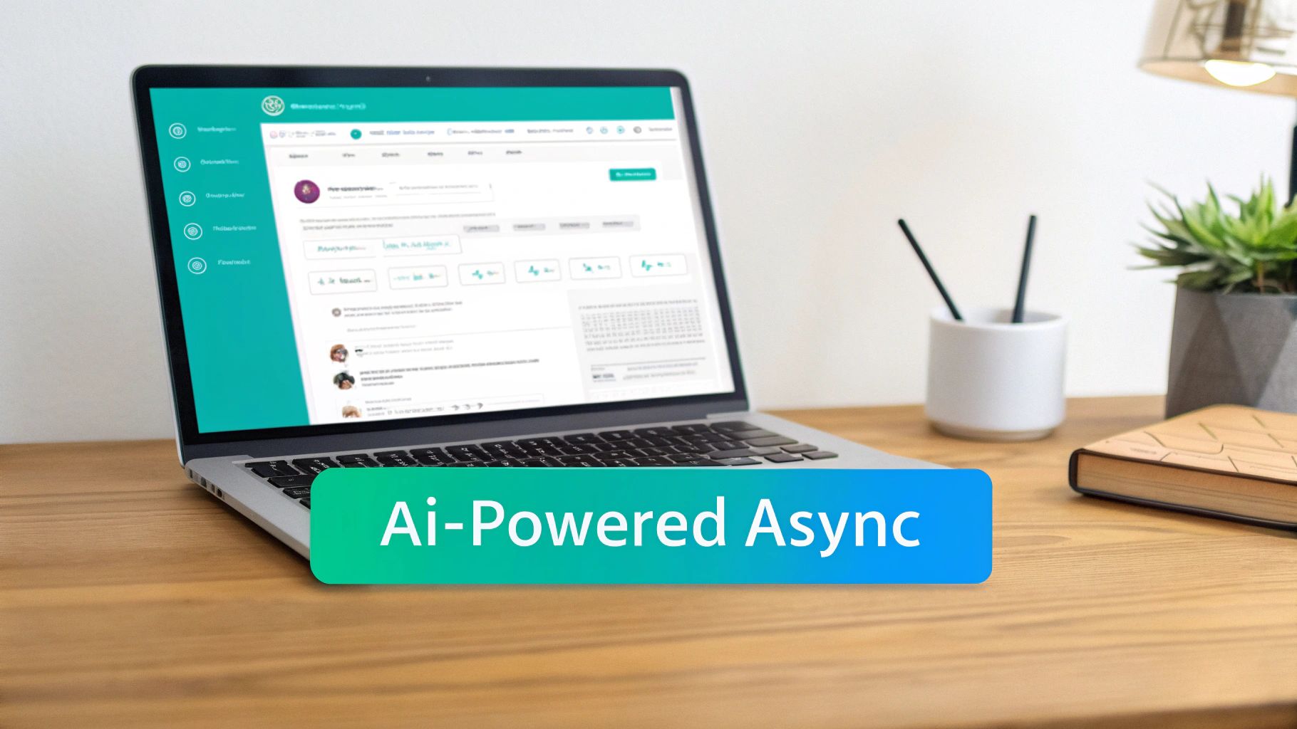 A laptop on a wooden desk displays an AI-powered asynchronous communication tool interface.