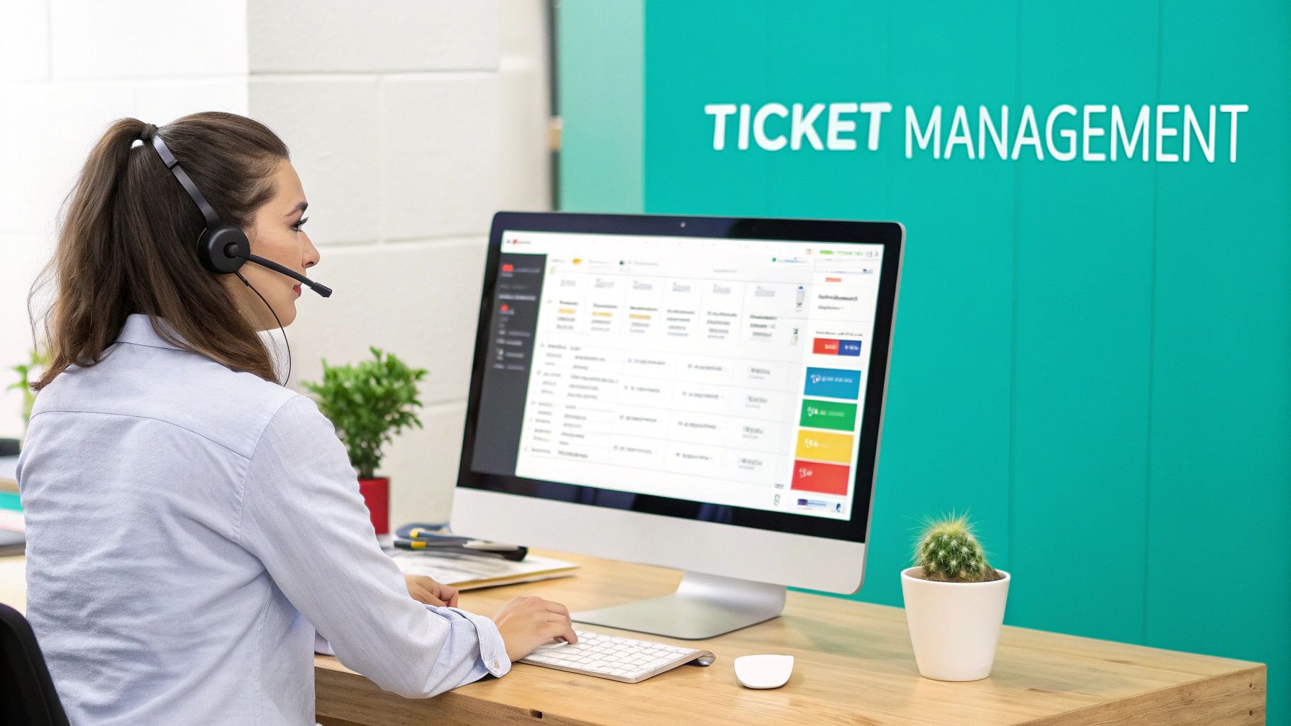 A woman wearing a headset works on a computer displaying ticket management software in an office.