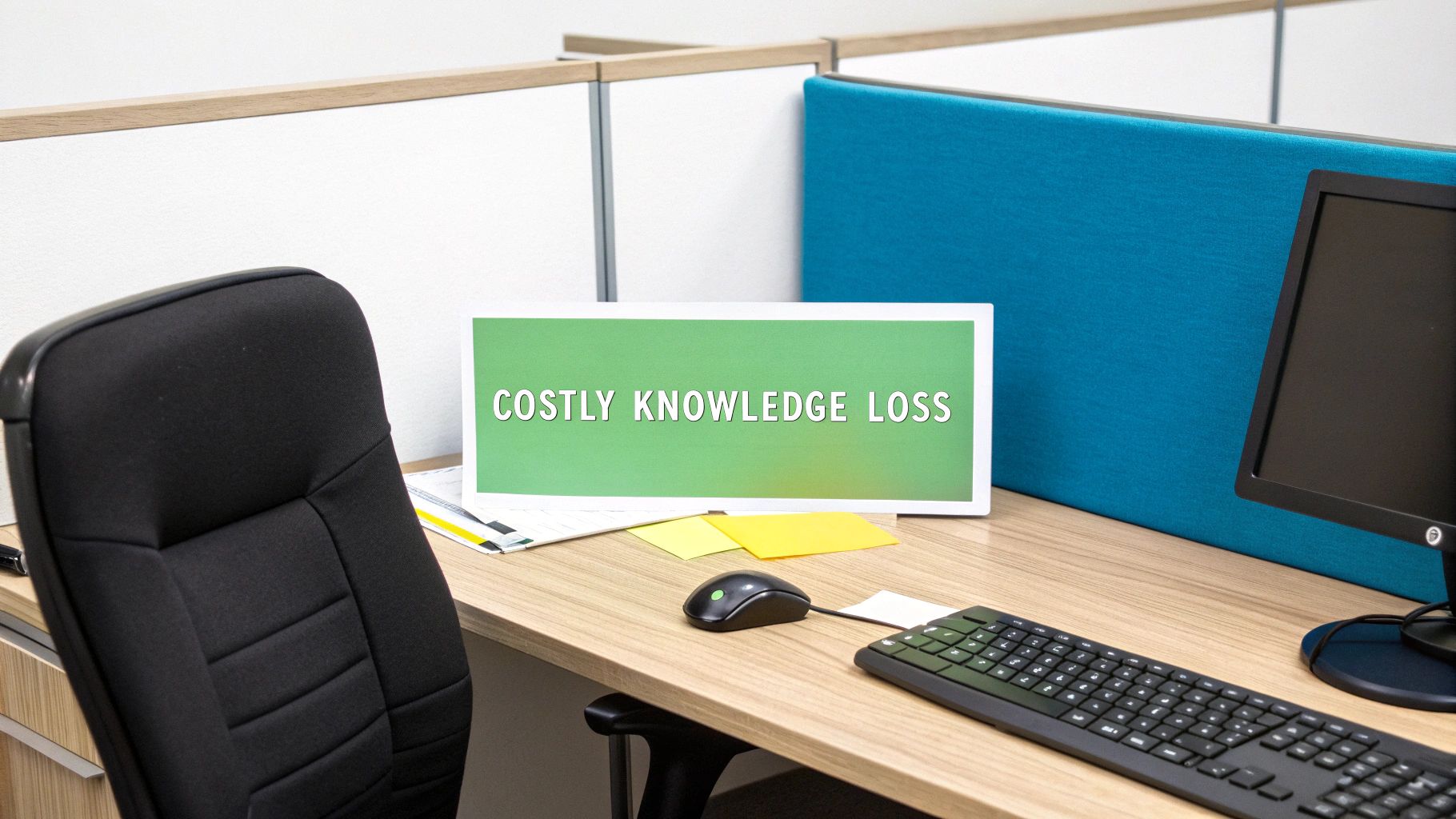 An office cubicle desk with a monitor, keyboard, mouse, and a sign saying 'COSTLY KNOWLEDGE LOSS'.