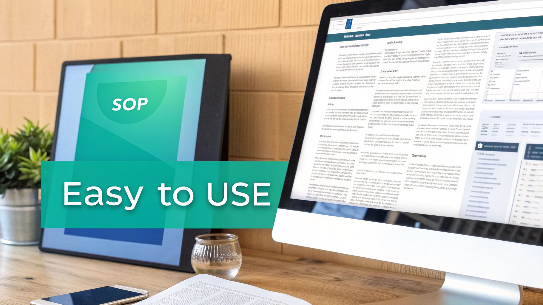A desk with a laptop showing 'SOP', a monitor displaying a document, and an 'Easy to USE' banner.