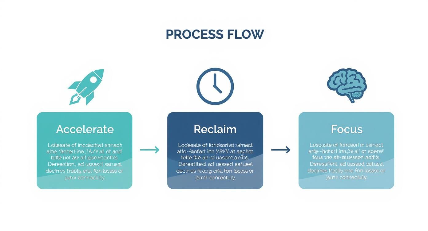 Three-stage process flow diagram showing accelerate, reclaim, and focus phases with rocket, clock, and brain icons