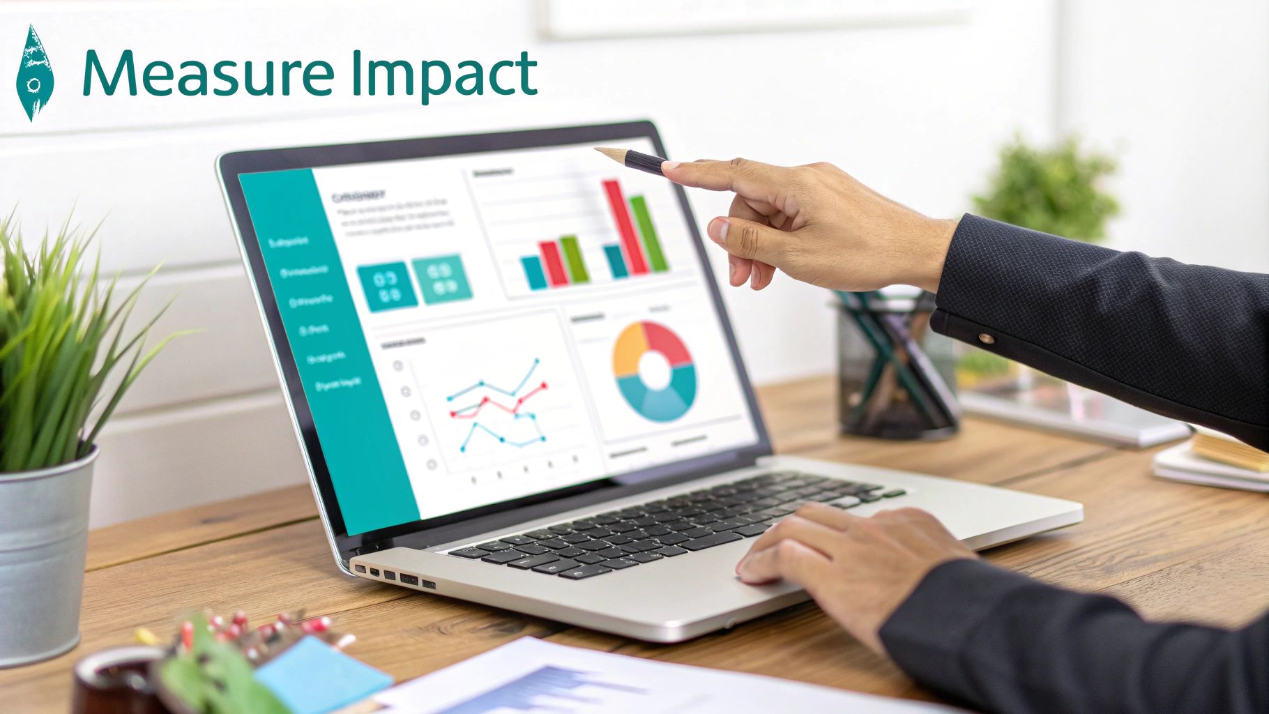 Business professional analyzing colorful data dashboard with charts and graphs on laptop screen