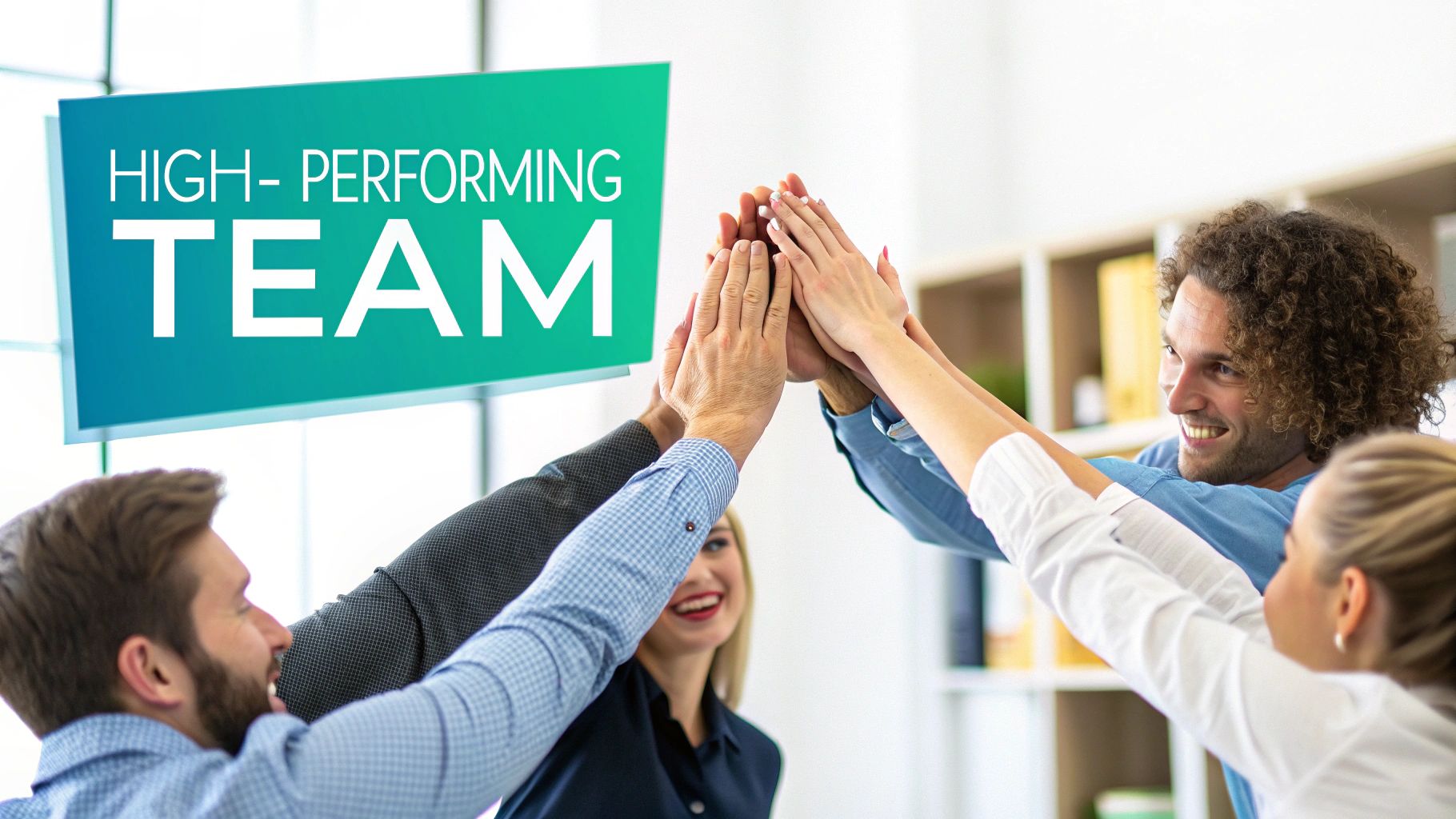 Diverse business team celebrating success with high five gesture in modern office environment
