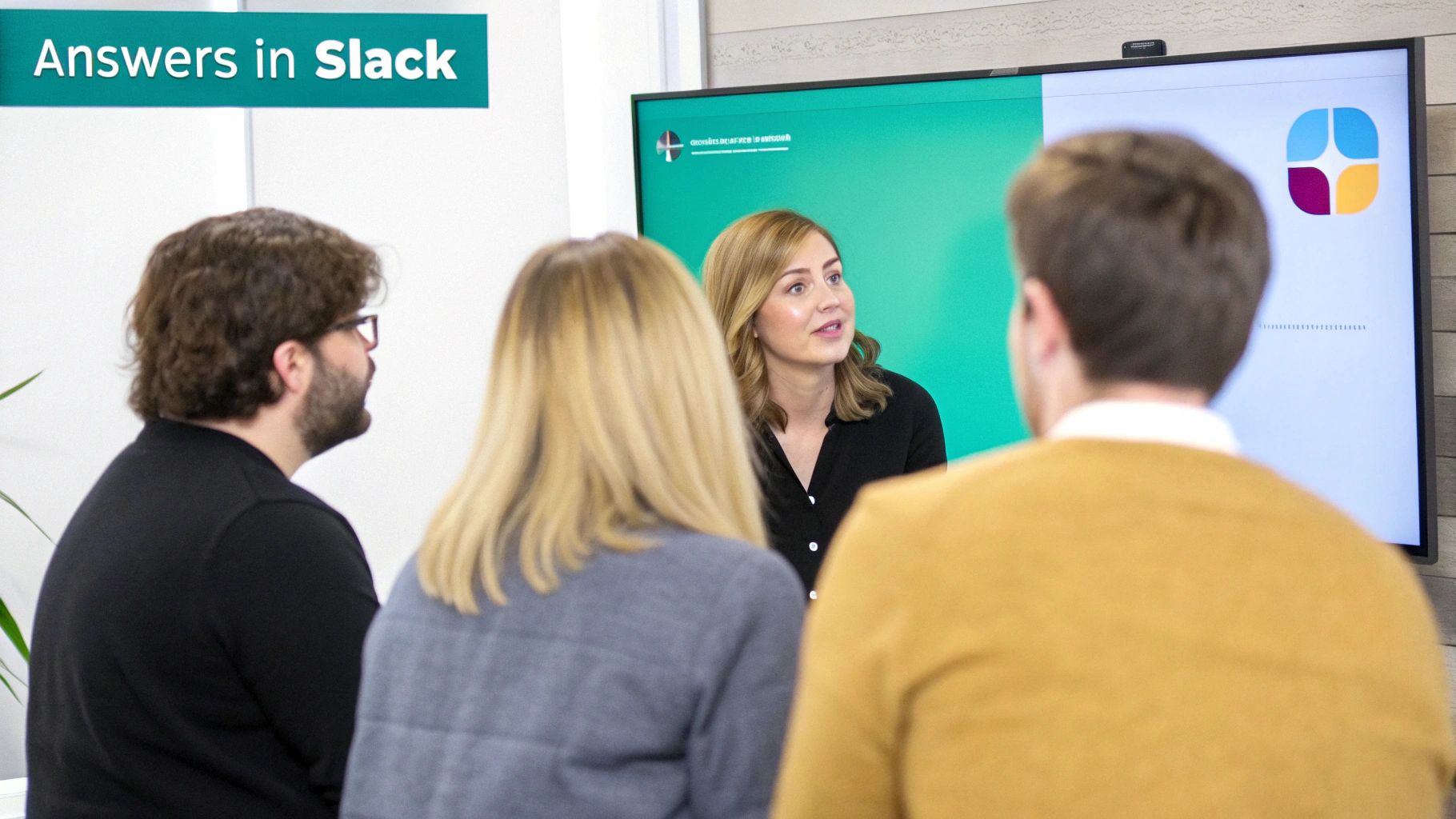 A sales team collaborates in Slack, using an AI assistant to get instant answers about a product.