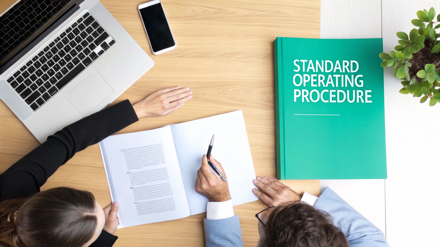 Two people collaborating on a Standard Operating Procedure (SOP) document, with a laptop and phone on a wooden desk.