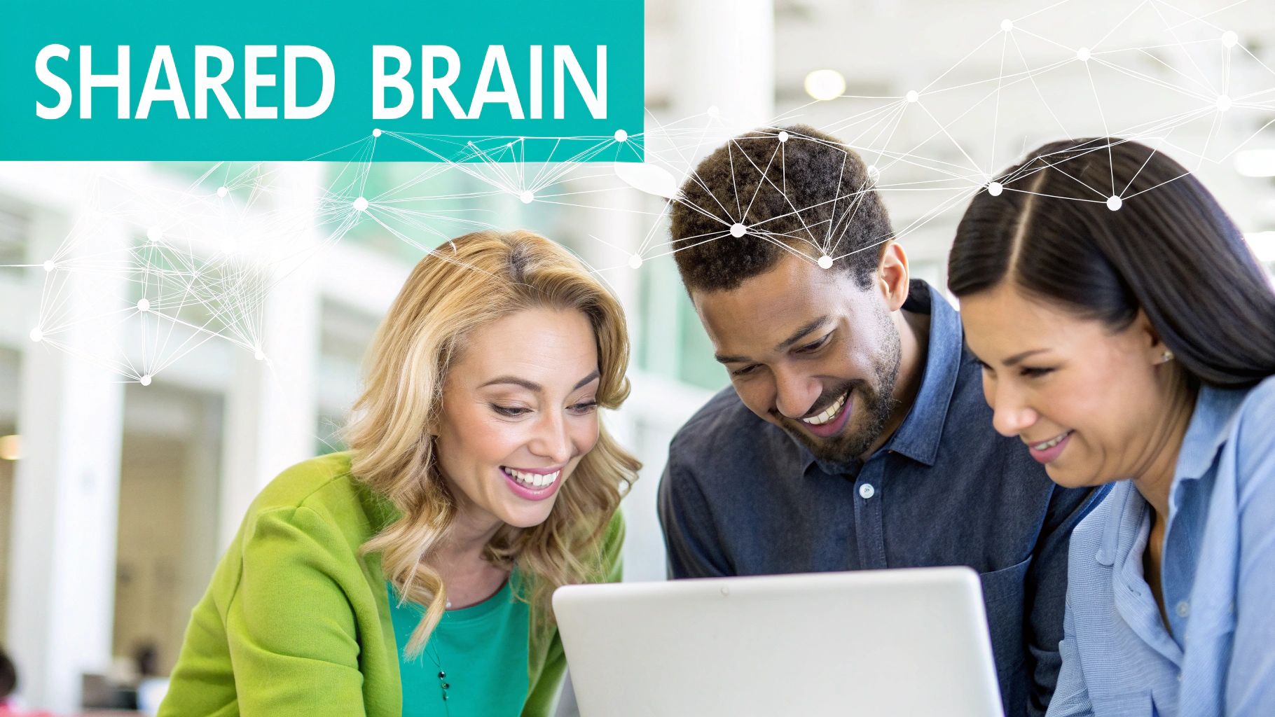 Three diverse professionals collaborating together while looking at laptop with shared brain network overlay