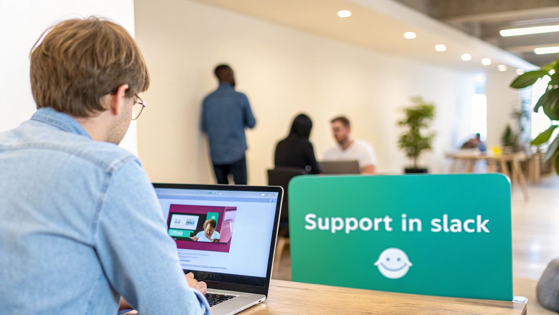 A person working on a laptop displaying a video call, with a 'Support in Slack' sign.