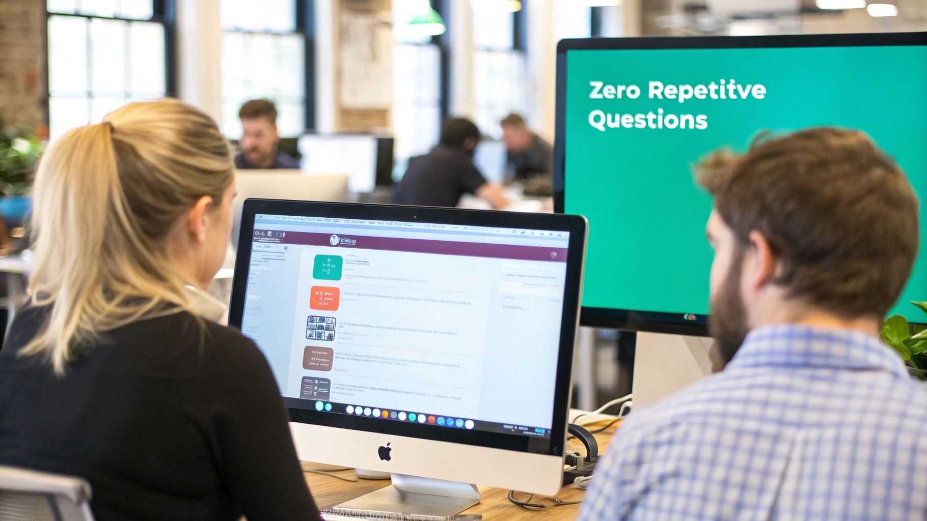Two people in an office focused on computers, one screen displays 'Zero Repetitive Questions'.