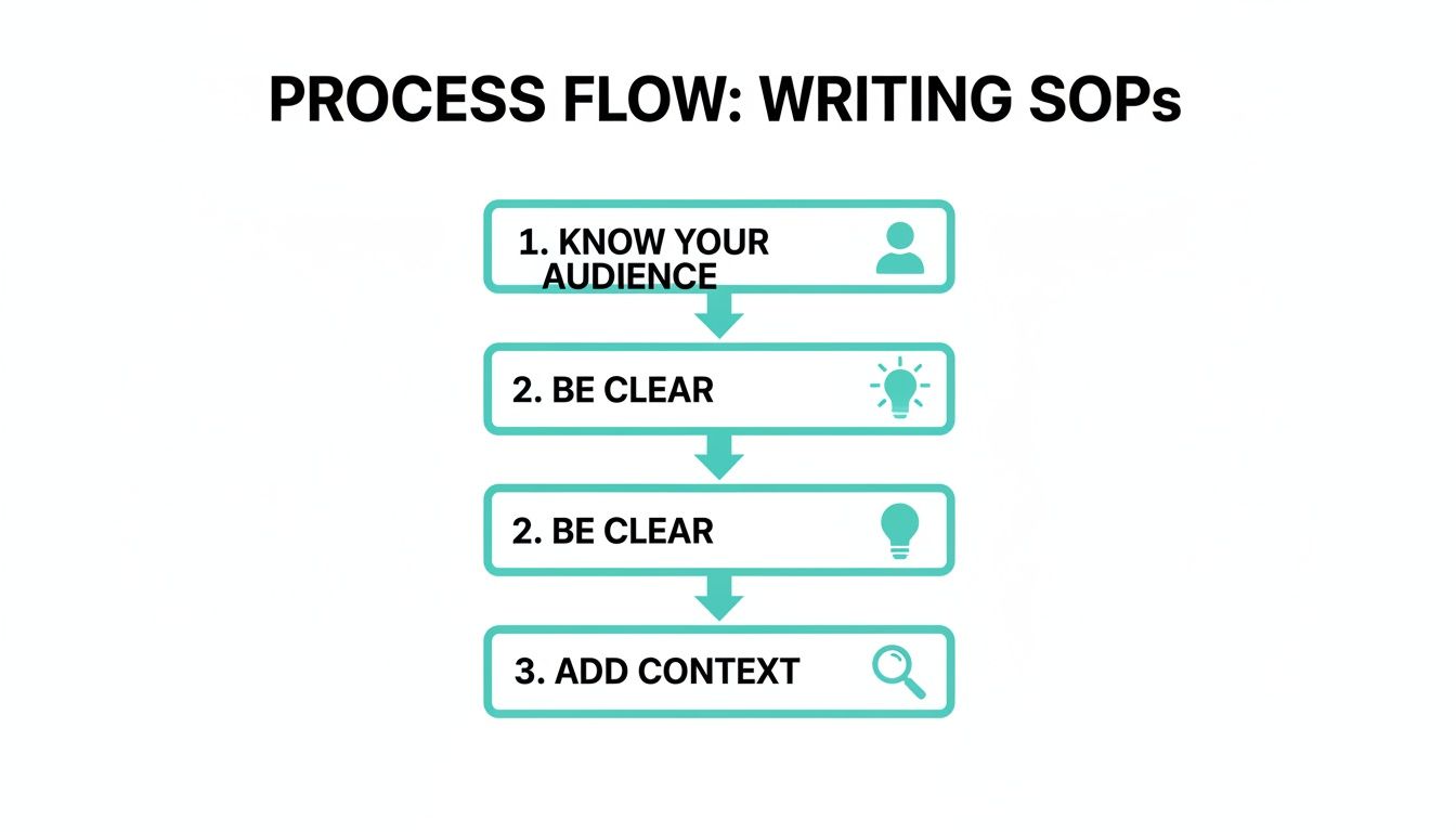 A process flow diagram outlining four key steps for writing effective SOPs.