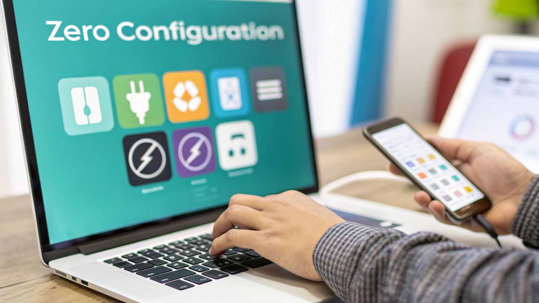 Person typing on a laptop displaying 'Zero Configuration' software and holding a smartphone with app icons.