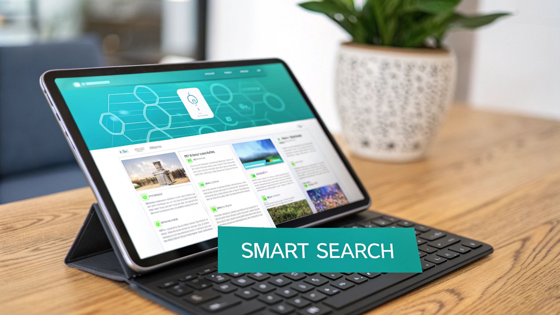 Tablet on a desk with a keyboard displaying a smart search page, perfect for a knowledge base.