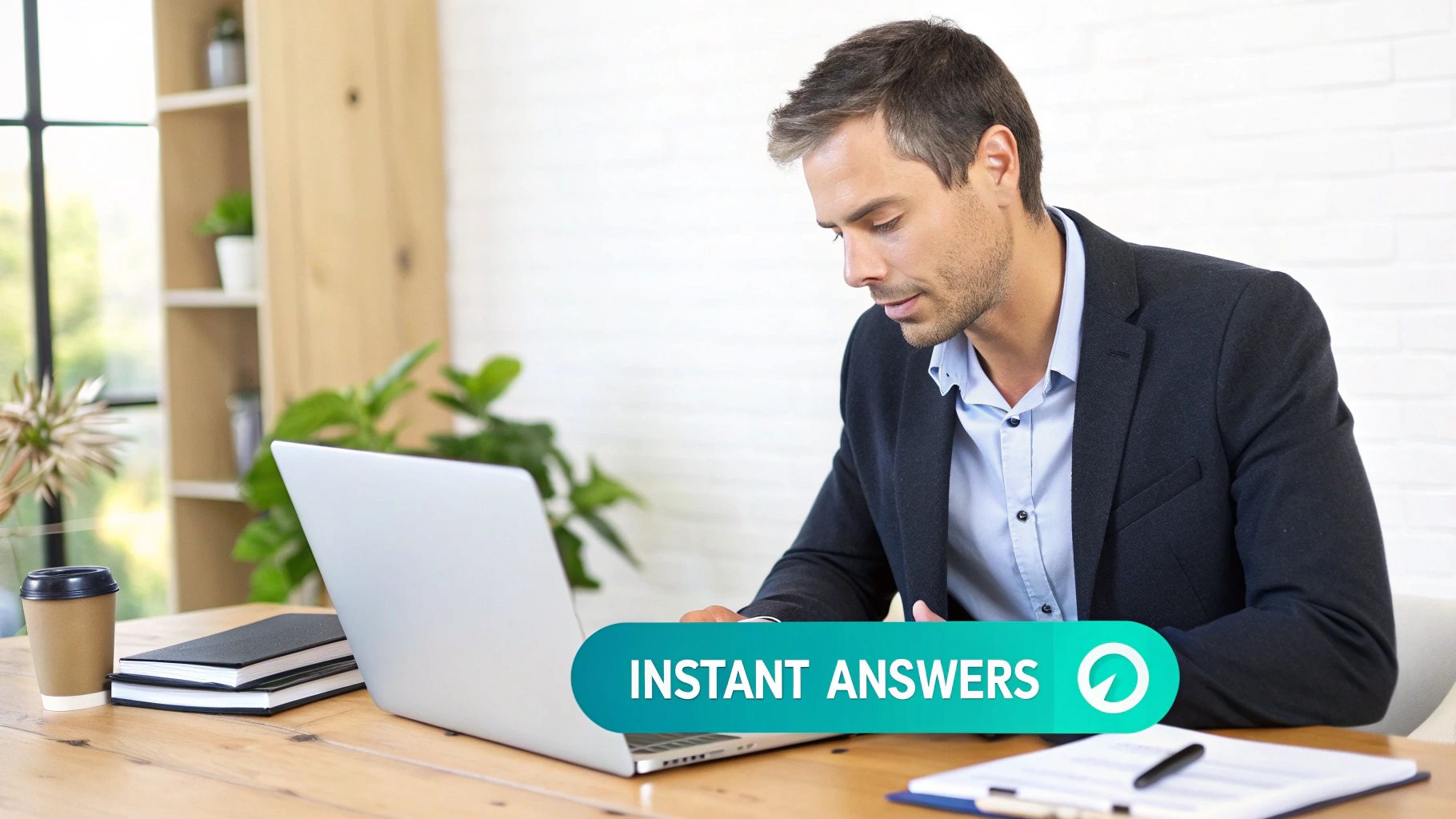 A professional man in a suit works on a laptop at a wooden desk with an "Instant Answers" overlay.